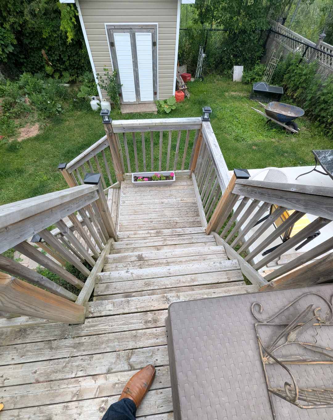 Original deck stairs and railings showing age before rebuild, Ayers Avenue