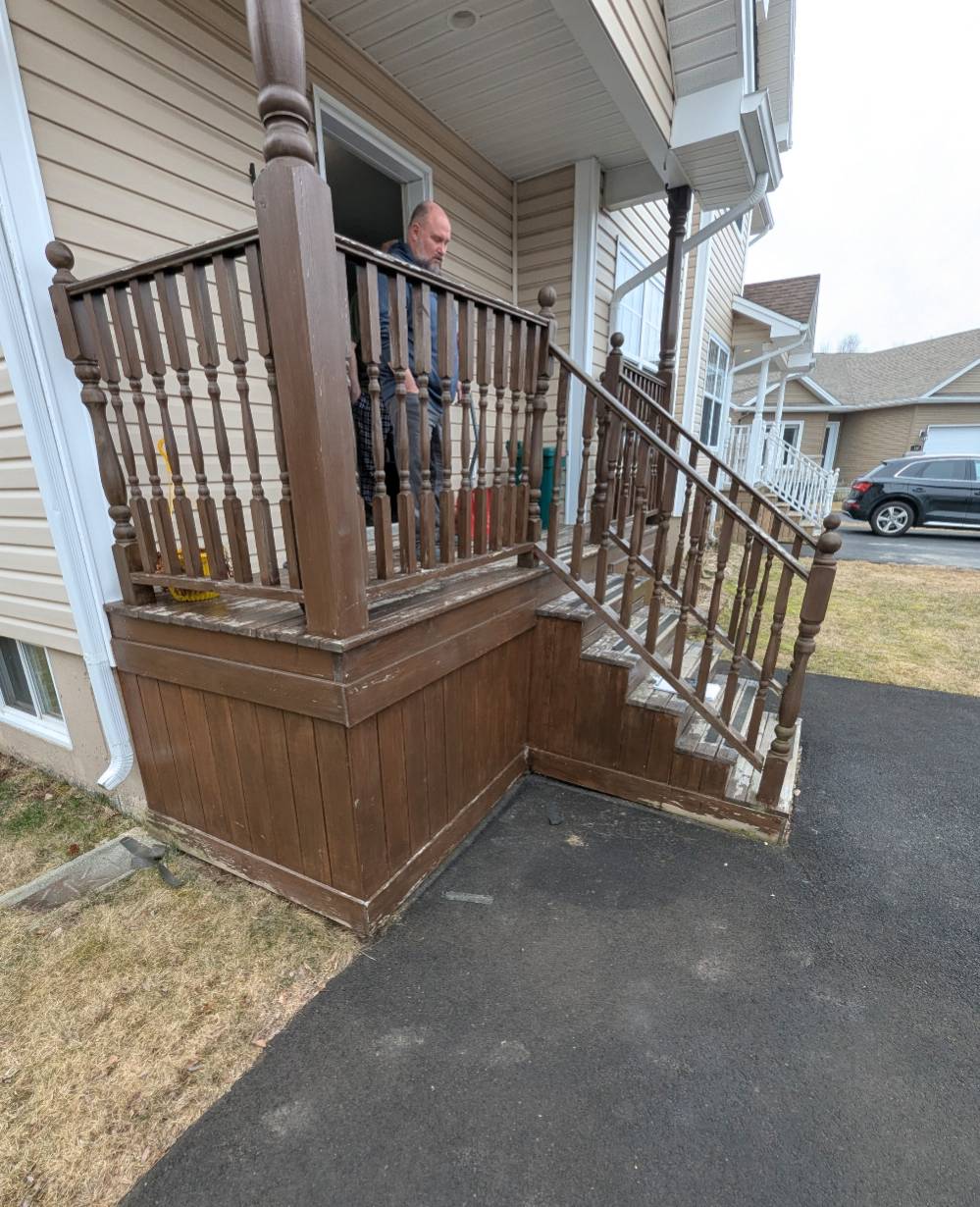 Original wood porch and stairs before composite rebuild, Chianti Street, Dieppe NB