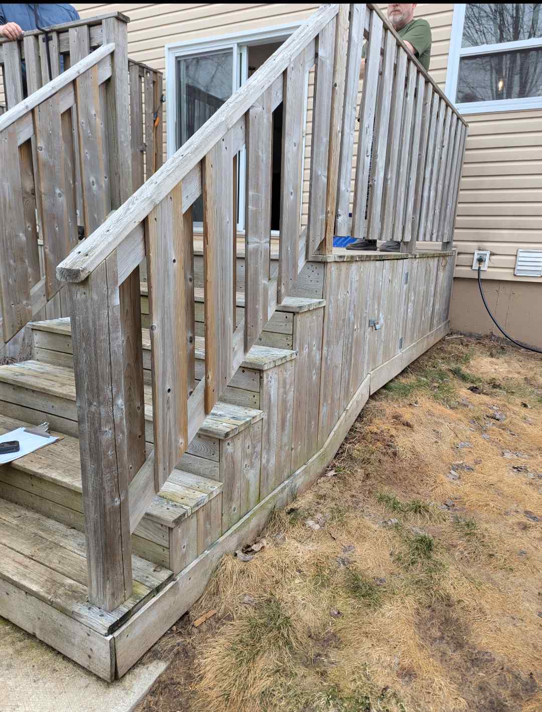 Weathered original wood deck before composite resurfacing, Chianti Street, Dieppe NB